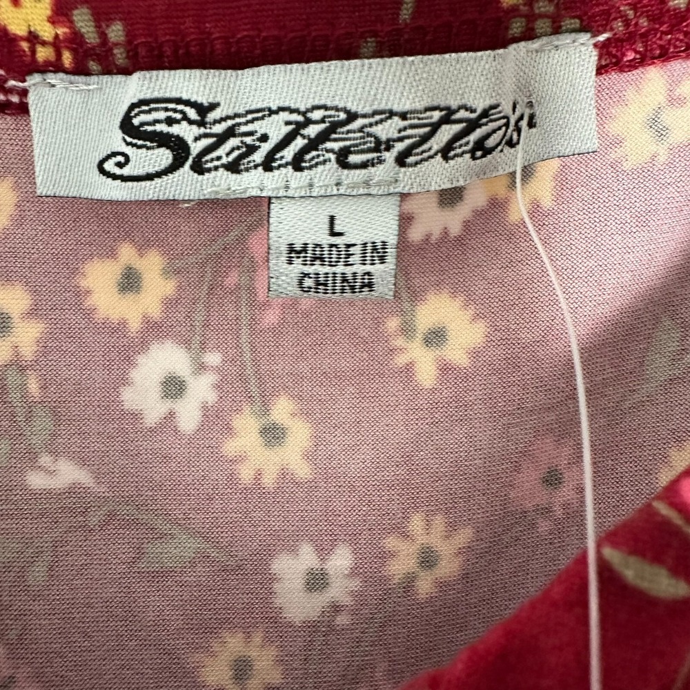 Stilletto's Size-L Dress Burgundy Mini Floral Ballon Sleeves Pockets - Picture 3 of 9